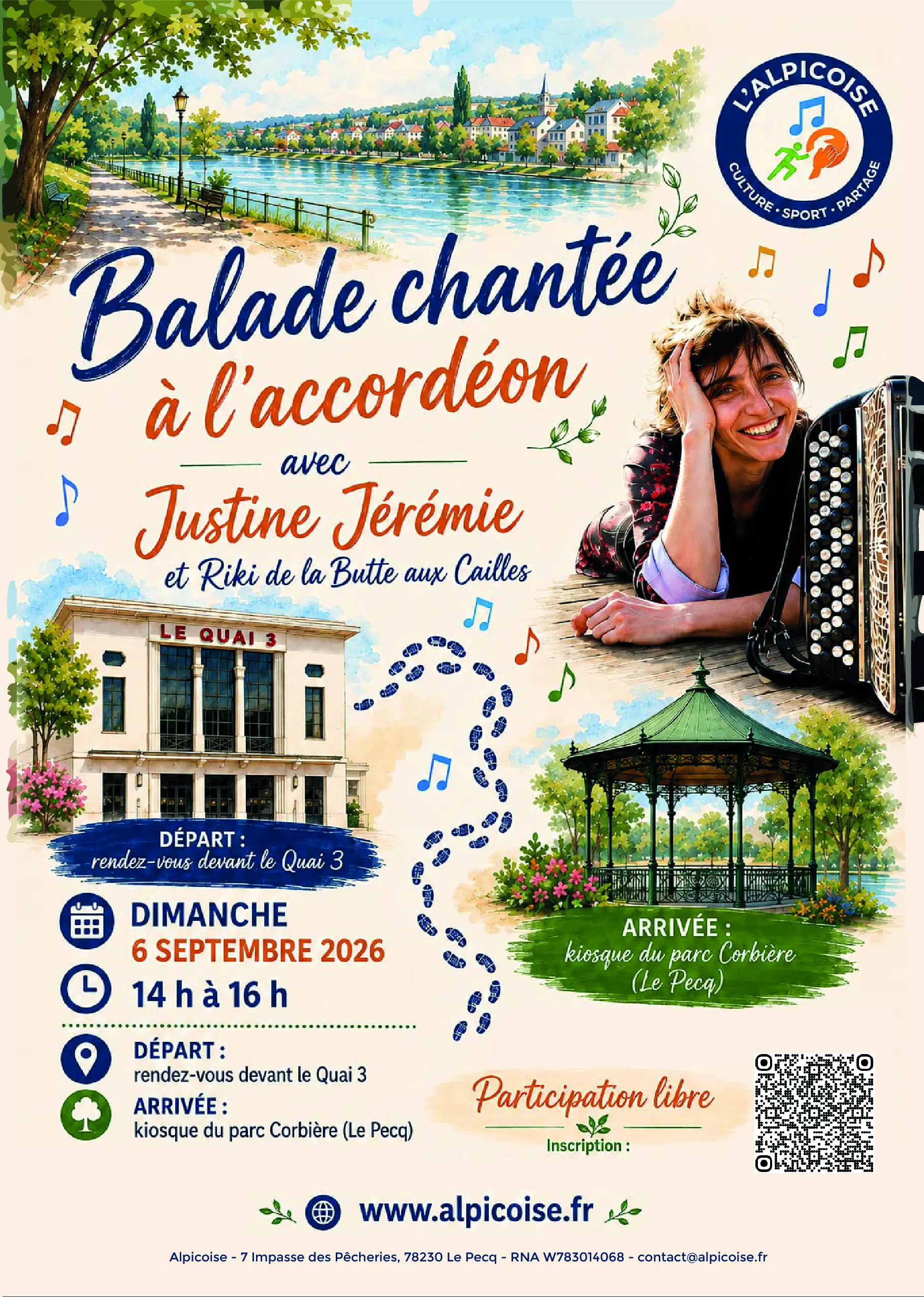 Affiche de la balade chantée en bord de seine du 6 septembre 2026 au Pecq